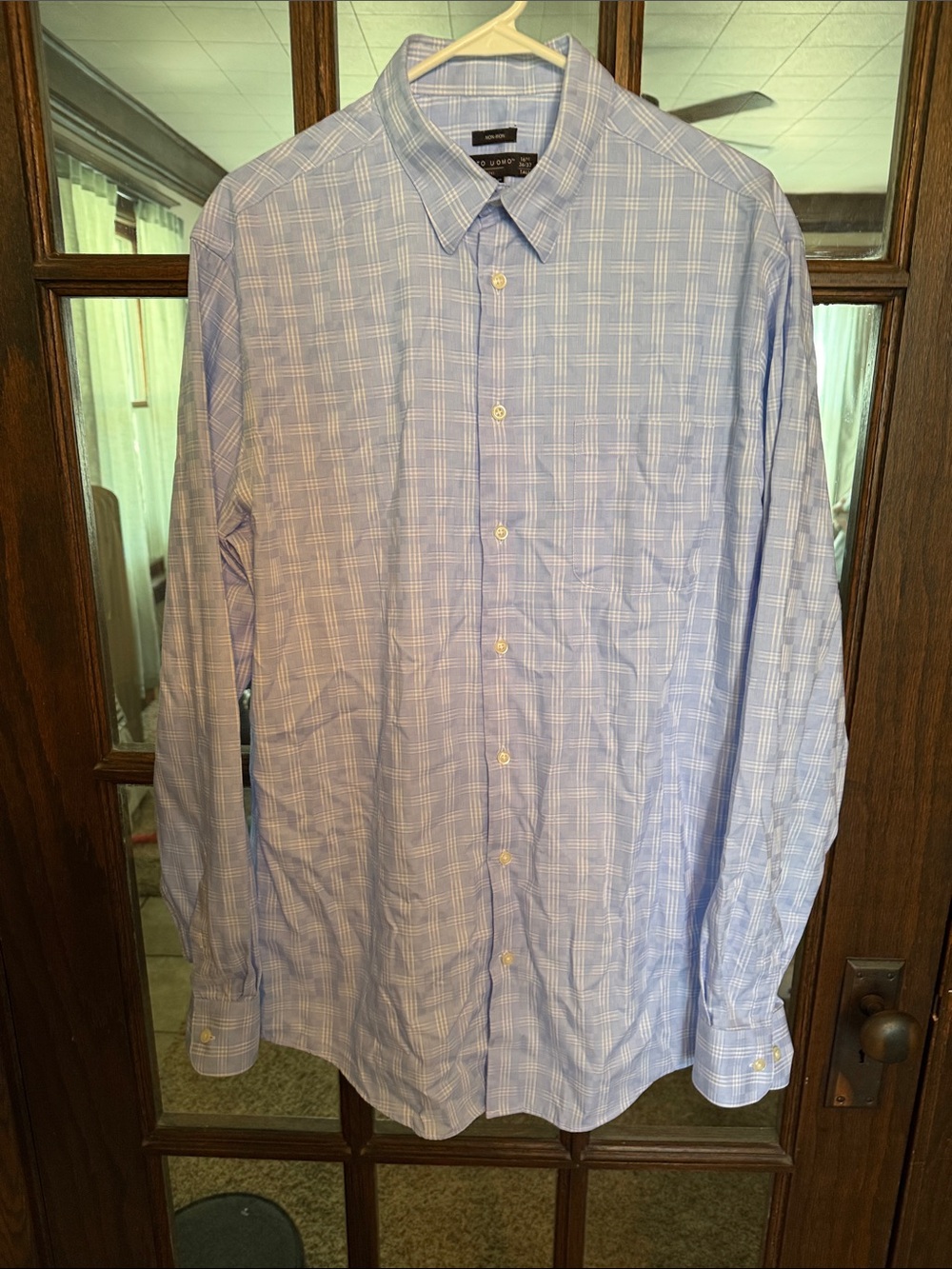 Pronto Uomo Mens Blue Plaid Non-Iron Cotton Dress Shirt 16.5 36/37 Tall
